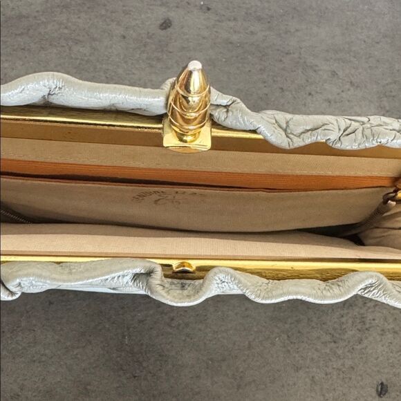 VINTAGE ETRA Elegant Gray Genuine Leather Handbag Clutch Gold/Silver Hardware - Picture 7 of 13